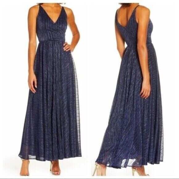 Dress The Population Women Valentina Metallic Fit & Flare Gown Navy XS Pre-owned - Picture 1 of 12